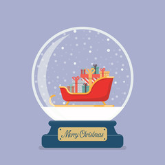 Merry christmas glass ball with Santa sleigh containing a full of presents