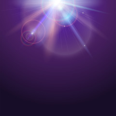 Poster template with glow light effect. Bright light of sun rays and lens flare backdrop with copy space. Star burst with sparkles. Abstract space background with beams on colored background.