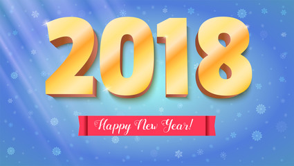 Happy New Year 2018. Volumetric numbers from gold. Red banner with text. Congratulation poster on snow backdrop. Greeting card, poster, brochure or flyer template. Vector 3D illustration