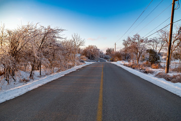 A road in the middle of icy trees