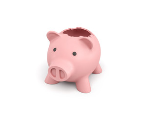 3d rendering of a pink ceramic piggy bank with a broken top on white background.