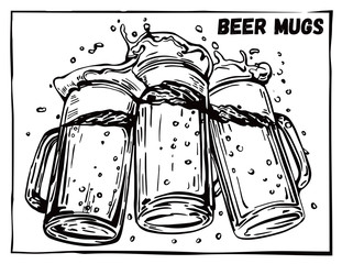 Vector image of three mugs of beer. Drinks with a lot of foam.
