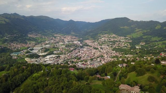 Drone aerial view to the villages of Leffe, Gandino, Peia and Cazzano Sant Andrea, located at Gandino Valley, Bergamo, Italy