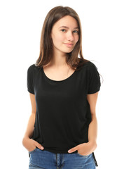 Fototapeta premium Pretty teenage girl posing on white background