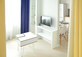 Fototapeta na wymiar Interior of modern apartment with light living room
