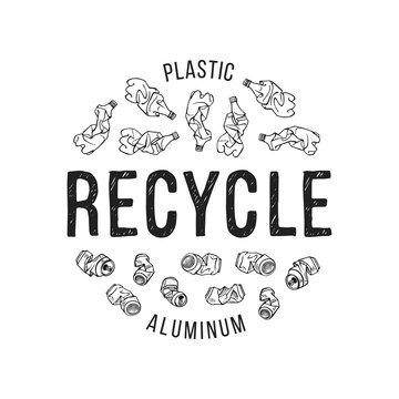 Hand drawn illustration of recyclable materials. Plastic and aluminum trash