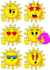 Cartoon sun with pointing hand at the viewer. Collection with various facial expressions. Vector set.