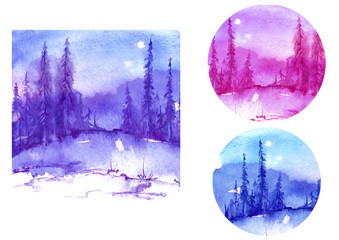 A set of watercolor drawings of different colors. Watercolor landscape with pine, pine, mountains, trees. Night, evening, morning, sunset. Picturesque cards