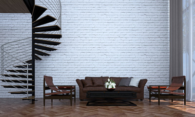 The interior design of minimal lounge and living room and white brick wall texture background / 3D rendering model 