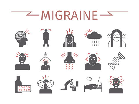 Migraines Infographics icons set. Vector signs for web graphics