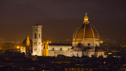 The Florence Cathedral on Duomo Square at night - amazing aerial view