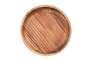 Cooking bowl made of natural wood, isolated on white background, closeup, top view