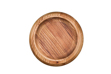 Cooking bowl made of natural wood on a round wooden cutting board, isolated on white background, closeup, top view