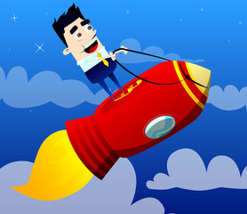Happy smiling successful business office worker character standing on a rocket ship flying through sky. Start up business concept. Vector cartoon illustration.