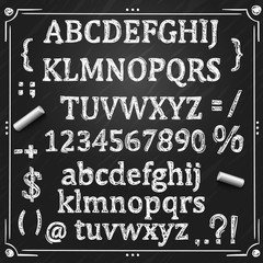 Sketch Cyrillic font, Board with a set of sketch symbols, Sketch font alphabet and numbers, Vector illustration.