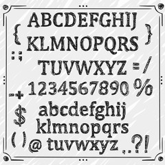 Sketch Cyrillic font, Board with a set of sketch symbols, Sketch font alphabet and numbers, Vector illustration.