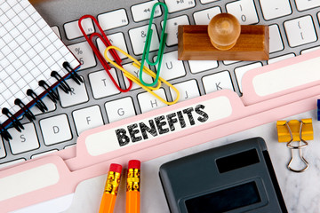 Benefits concept. Folder Register on Background of Computer Keyboard.