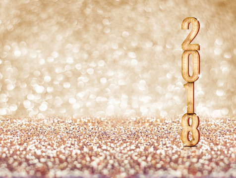 happy new year 2018 year number ( 3d rendering ) at sparkling golden glitter studio background ,Holiday Greeting card.Banner mock up space for display of product or design.