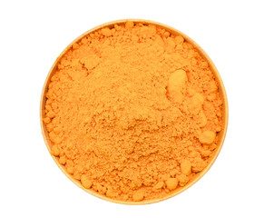 top view of turmeric powder in wooden bowl isolated on white background