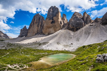 Tre Cime di Lavaredo and small lakes beneath Langalm