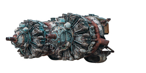 9 cylinder Radial Engine of old airplane isolated on white background
