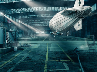 old zeppelin is standing in hangar - obrazy, fototapety, plakaty