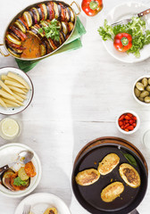 Frame of Different vegetarian food. Ratatouille, chickpeas cutlets, lemonade, snacks