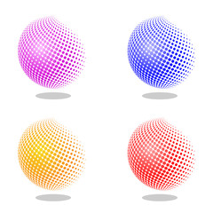 Abstract globe dotted sphere, 3d halftone effect vector background. Color set of vector illustration.