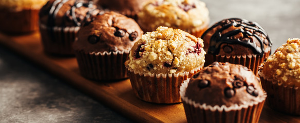 Chocolate Muffin with Chocolate Chips. Selective focus. - obrazy, fototapety, plakaty
