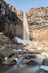 Svartifoss (Black fall) in winter, waterfall in Skaftafell, Vatnajokull National Park, Iceland.