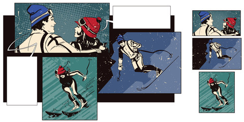Collage on theme ski sport and vacation. Skiers.