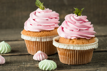 Closeup of cupcakes with vanilla, berries, pink and white cream, chocolate and sprinkles on wooden background. Selective focus. Sweet dessert tasty food concept muffin.