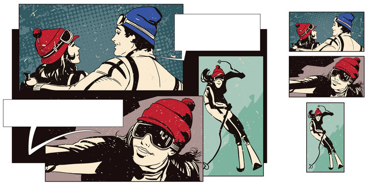 Collage on theme ski sport and vacation. Skiers.