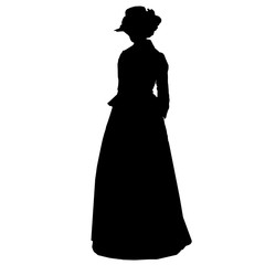 Vintage attractive female silhouette in victorian style. Antique dress, hat with feathers, curly hair, long skirt, jacket, long sleeves. For posters, prints, design, covers, fabric, textile, scrapbook