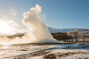 Geysir Hot Springs,  The popular tours to the Icelandic geysers in the Golden Circle. Active Geothermal area in Iceland.