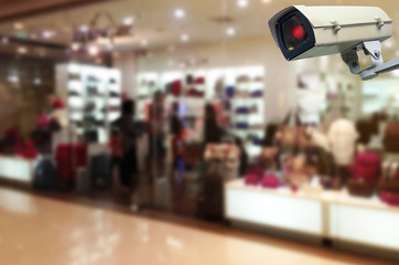 CCTV, security indoor camera system operating trendy bag shop in department store shopping mall, fashion, shopping, surveillance security and safety technology concept