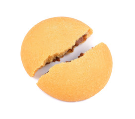 Broken into pieces round cookie isolated over the white background, cookies bite isolated