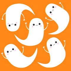 Flying ghost spirit set. Happy Halloween. Five scary white ghosts. Cute cartoon spooky character. Smiling Sad face, frightening scaring hands. Orange background. Greeting card Isolated. Flat design.