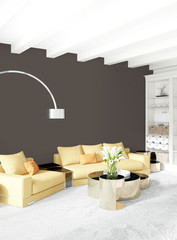 White bedroom minimal style Interior design with wood wall and grey sofa. 3D Rendering. 3D illustration