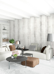 White bedroom minimal style Interior design with wood wall and grey sofa. 3D Rendering. 3D illustration