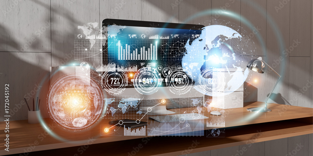 Poster workplace with modern devices and hologram screens 3d rendering