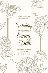 Wedding marriage event RSVP invitation card template. Border frame decorated with peony rose flowers. Sepia brown outline on beige background.