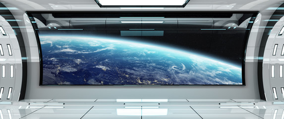 Fototapeta premium Spaceship interior with view on Earth 3D rendering elements of this image furnished by NASA