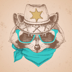 Retro Hipster animal raccoon. Hand drawing Muzzle of animal  raccoon © annbozhko