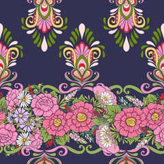Fototapeta na wymiar Floral seamless pattern with butterflies Stock vector illustration. On dark blue background.