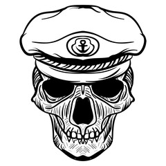 Vintage naval Skull drawing and captain hat.