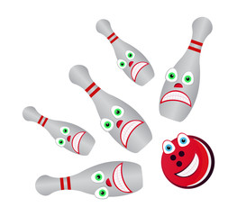 Cartoon Bowling - scared skittles and happy bowling ball