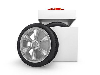 Gift box with tyres and wheels. 3D rendering