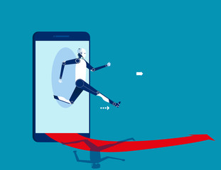 Robot jumping out of the smart phone. Concept business starting online vector illustration.