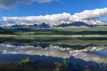 lake mountains reflection clouds morning